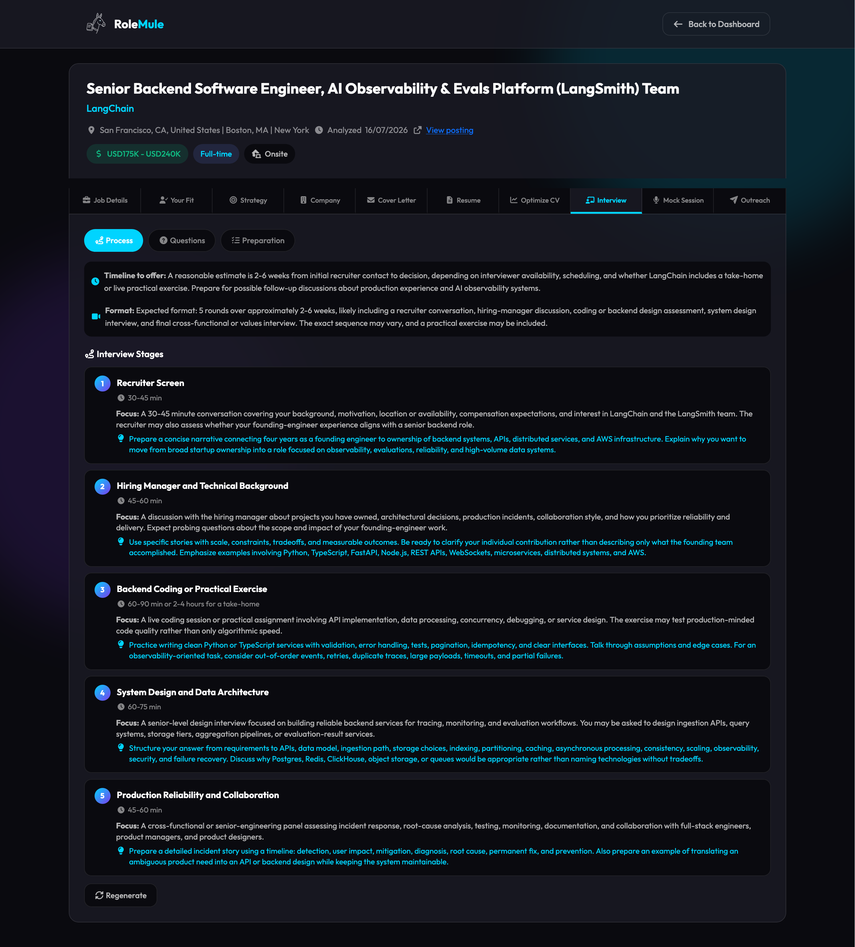 Interview — 5-stage process with timeline, predicted questions and prep checklist