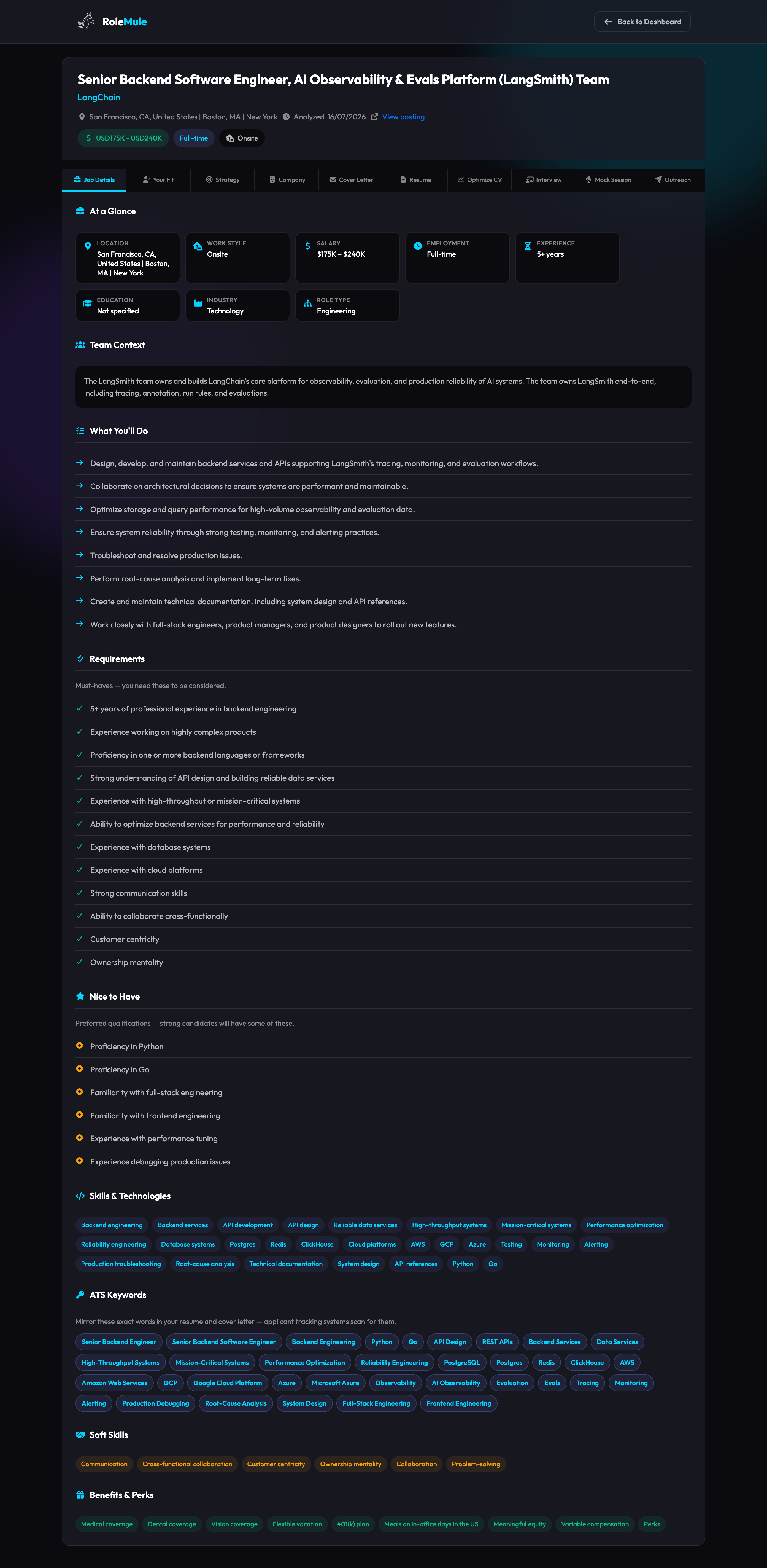 Job Details — At a Glance grid, requirements, ATS keywords, skills and benefits